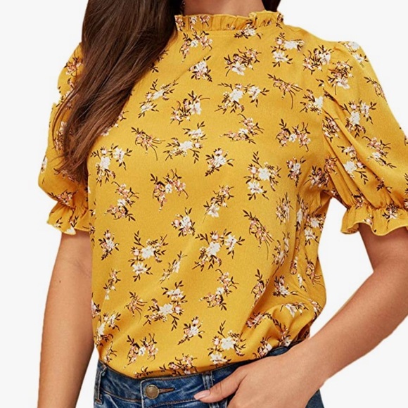 Floral print ruffle puff short sleeve casual blouse - Picture 2 of 3